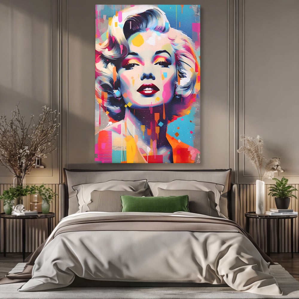 Tablou canvas cu tablou canvas portret pop art marilyn monroe, fara rama, pe sasiu de lemn, pe perete intr-un dormitor